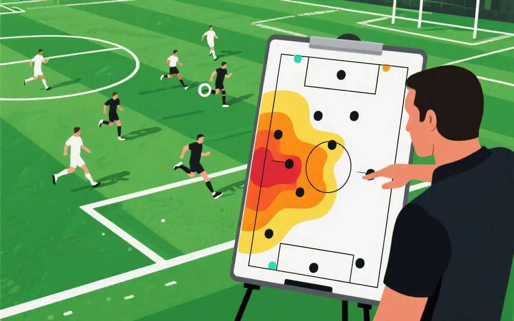 教练战术板与球员跑位热区的示意图，用于解释战术与比分的关系